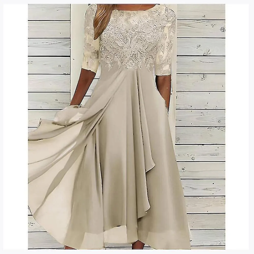 Vestido de apliques de encaje Midi Vestidos de noche de manga corta Vestido casual de todos los partidos para la boda LQI