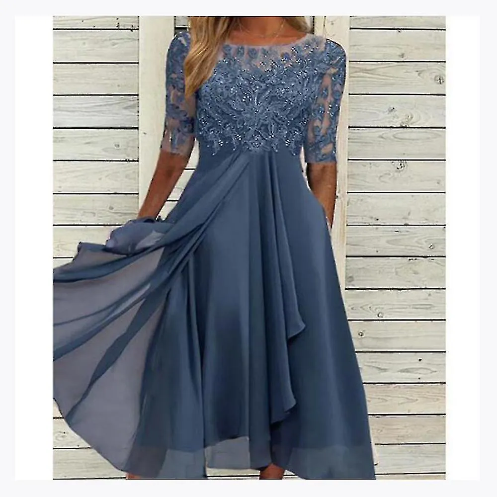 Vestido de apliques de encaje Midi Vestidos de noche de manga corta Vestido casual de todos los partidos para la boda LQI