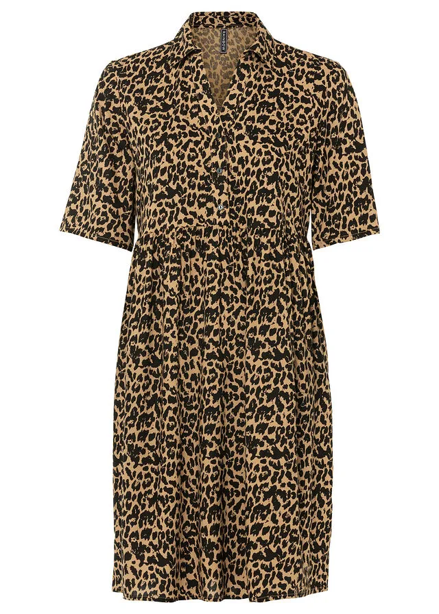 Vestido de viscosa sostenible Marrón con estampado de leopardo