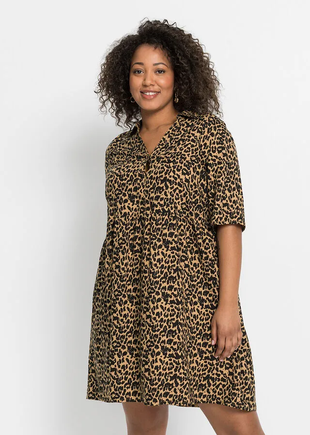 Vestido de viscosa sostenible Marrón con estampado de leopardo