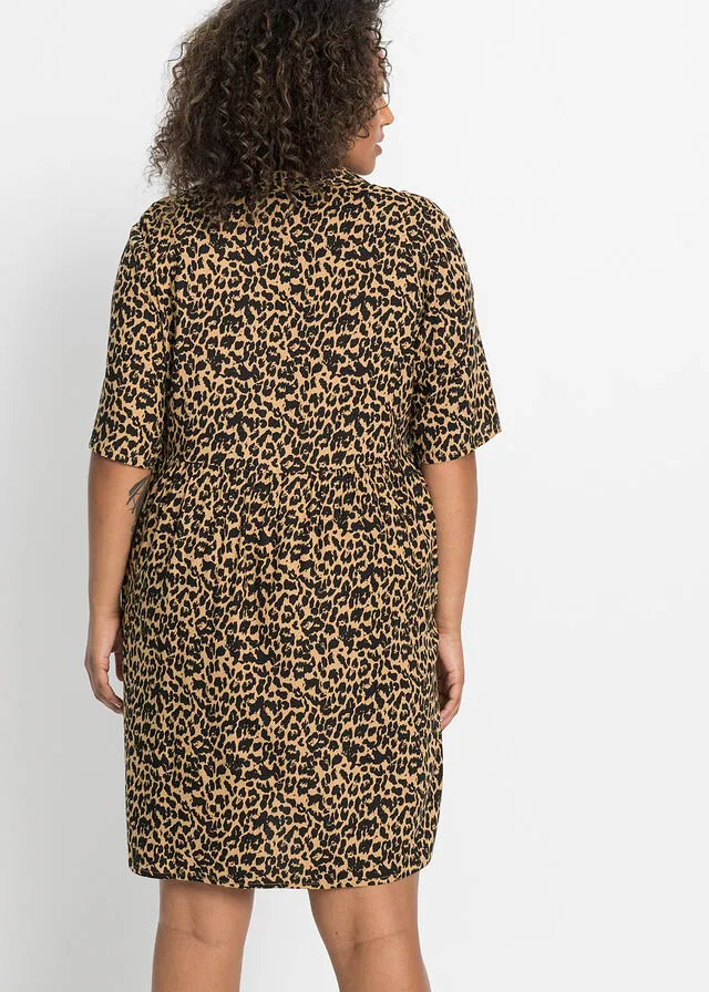 Vestido de viscosa sostenible Marrón con estampado de leopardo