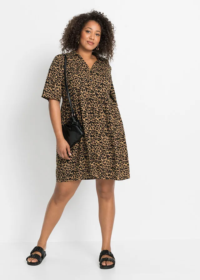 Vestido de viscosa sostenible Marrón con estampado de leopardo