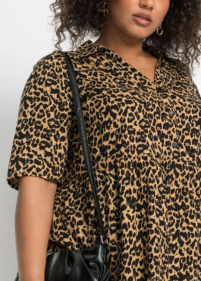 Vestido de viscosa sostenible Marrón con estampado de leopardo