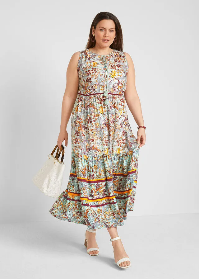 Vestido largo con estampado de cenefas verde mar