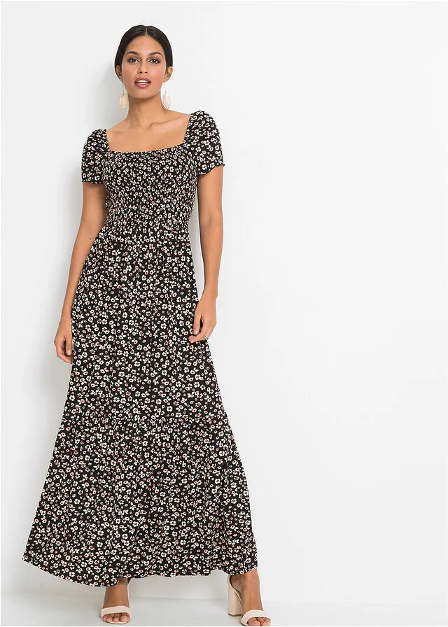VESTIDO LARGO ESTAMPADO DE VISCOSA SOSTENIBLE NEGROBLANCO LANA DE FLORES