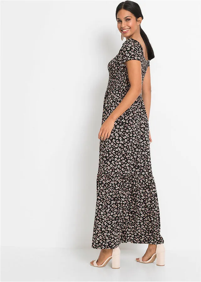 VESTIDO LARGO ESTAMPADO DE VISCOSA SOSTENIBLE NEGROBLANCO LANA DE FLORES