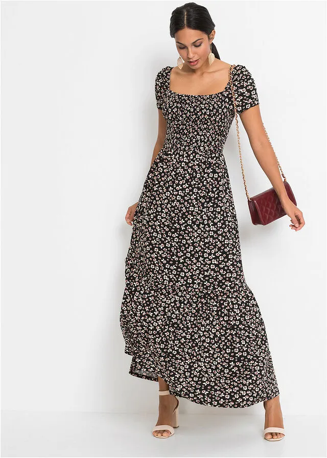 VESTIDO LARGO ESTAMPADO DE VISCOSA SOSTENIBLE NEGROBLANCO LANA DE FLORES