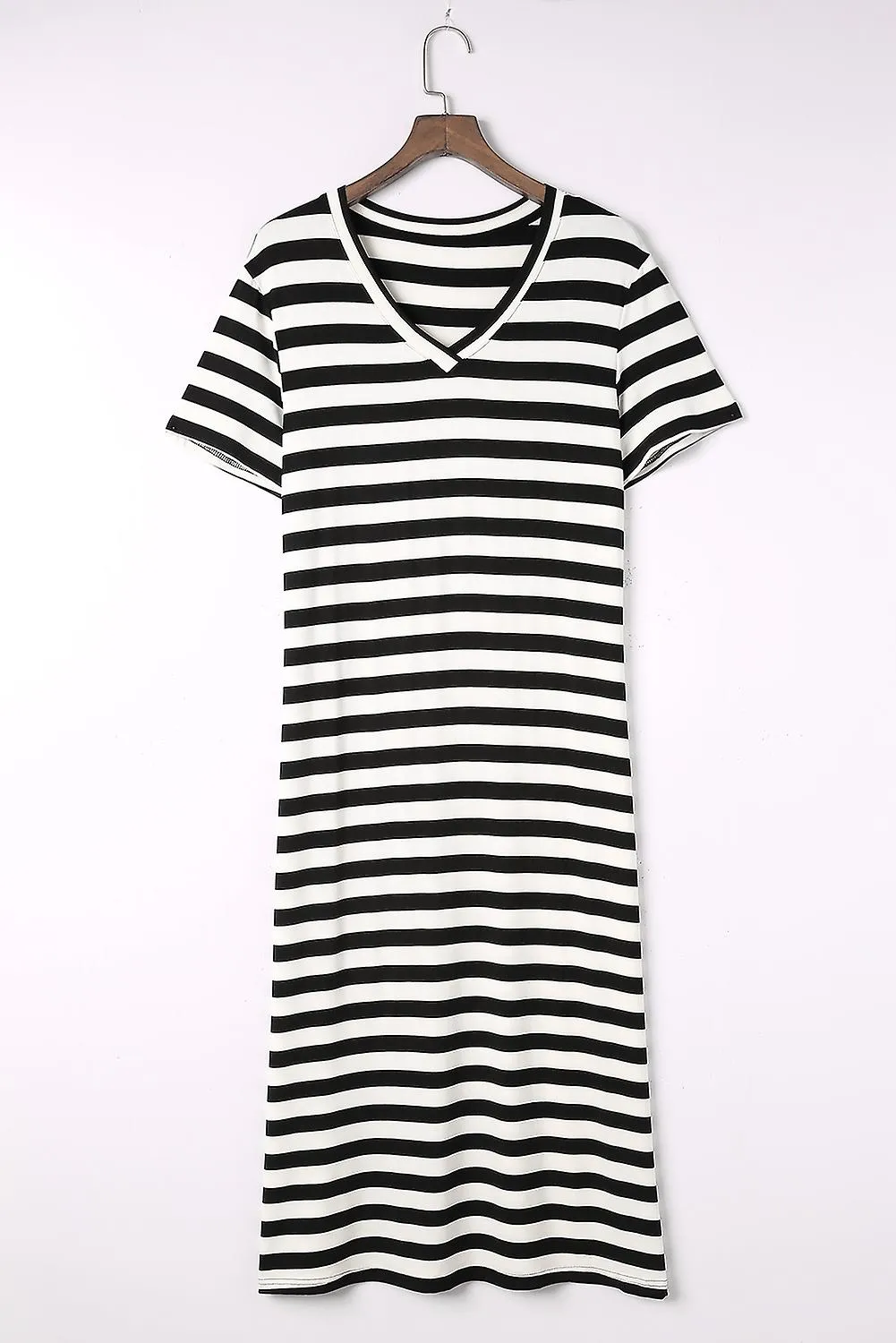 Vestido Maxi de Cuello V con estampado de rayas negras para mujer con divisiones laterales