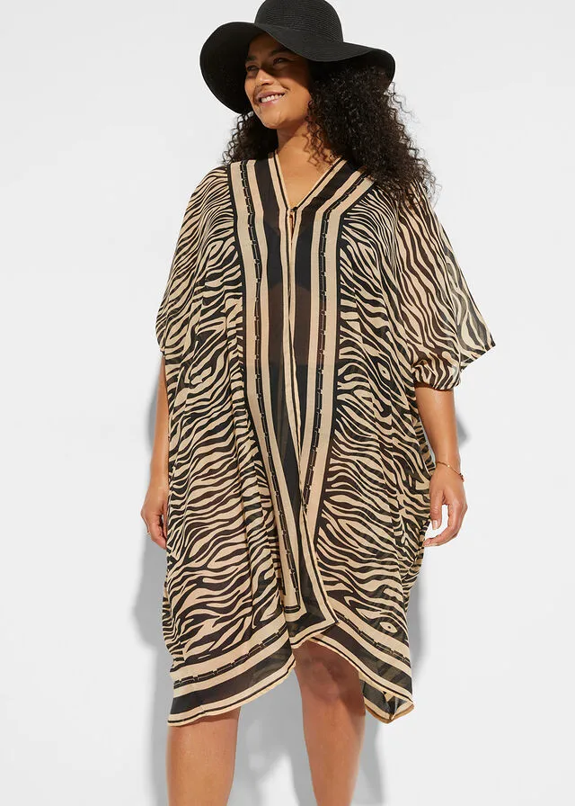 VESTIDO NEGROBEIGE CON ESTAMPADO DE CEBRA