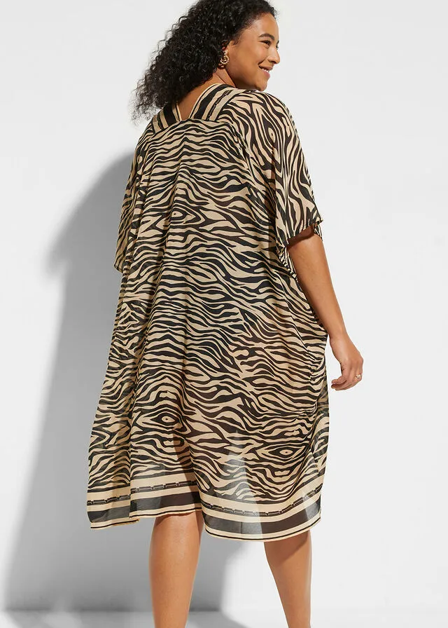 VESTIDO NEGROBEIGE CON ESTAMPADO DE CEBRA